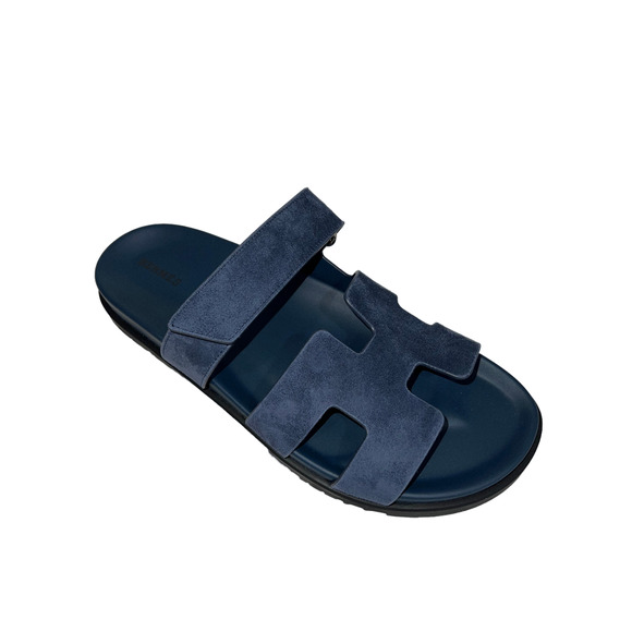 Hermes Chypre Sandal Blue Celeste Dark Suede Logo Strap Slide Slip On Flat 42 - Picture 3 of 11